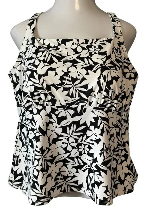 Lands End Tankini Top Size 20W Square Neck Black White Floral Swimsuit Soft Bra - Picture 2 of 16